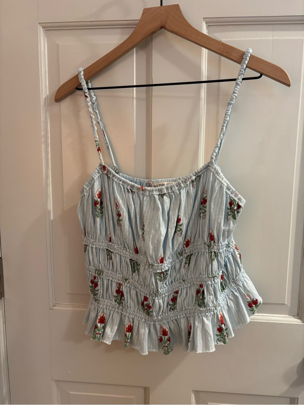 We The Free Light Blue Floral Smocked Cami with Red Embroidery